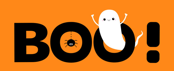 Flying ghost spirit. Boo text with hanging spider insect. Happy Halloween. Cute kawaii cartoon scary spooky character. Smiling face, hands. Greeting card. Flat design. Orange background.