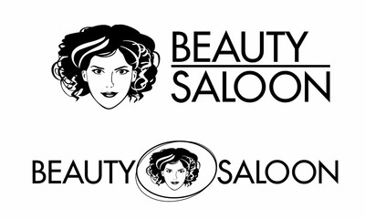 Beauty salon signboard. Brand block options. Black and white vector graphics. Beautiful girl with a haircut. Stylish letters