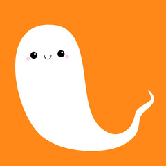 Flying ghost spirit. Boo. Happy Halloween. Cute cartoon kawaii spooky baby character. Scary white ghosts. Smiling face, hands. Greeting card. Orange background. Flat design.