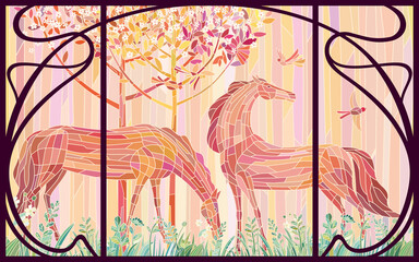Bend horses. Couple horses graze in the spring forest. Pink, red shades