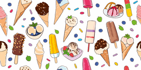 Seamless pattern. Drawn different varieties of ice cream on a white background. Vector graphics