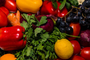 Background of vegetables different fresh farm vegetables. Food or Healthy diet concept. Composition with assorted raw organic vegetables. detox diet: lemon, tomato, pepper, cauliflower, apple, grape