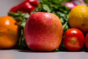 Background of vegetables different fresh farm vegetables. Food or Healthy diet concept. Composition with assorted raw organic vegetables. detox diet: lemon, tomato, pepper, cauliflower, apple, grape