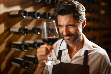 Authentic shot of happy successful male winemaker or sommelier is tasting a flavor and checking red...