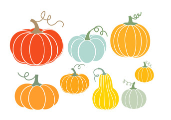 Autumn symbols with various pumpkins icon isolated on white background vector illustration.