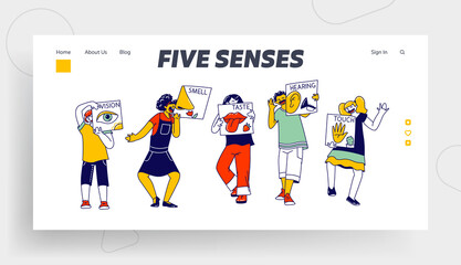 Five Senses of Human Perception Landing Page Template. Kids Hold Cards Vision, Smell, Taste, Hearing and Touch Feelings