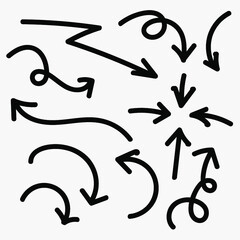 Set of black grunge hand drawn arrows isolated on white. Vector illustration