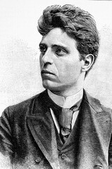 Pietro Mascagni. Italian Opera composer. His masterpiece, Cavalleria rusticana. 1863-1945. Antique illustration. 1891.