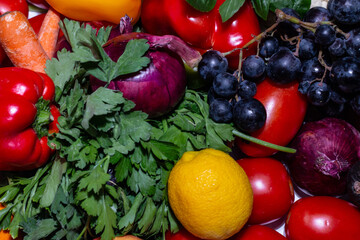 Background of vegetables different fresh farm vegetables. Food or Healthy diet concept. Composition with assorted raw organic vegetables. detox diet: lemon, tomato, pepper, cauliflower, apple, grape