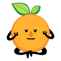 Meditating orange sitting in posture, calming exercise for fruit