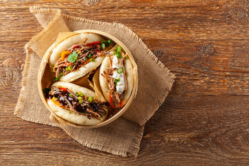 Pulled pork in a Bao Bao roll. Top view.