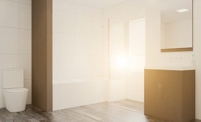 Freestanding bath with towels in grey modern bathroom. 3D rendering.. Sunset.