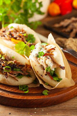 Pulled pork in a Bao Bao roll. Top view.