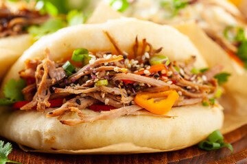 Pulled pork in a Bao Bao roll. Top view.