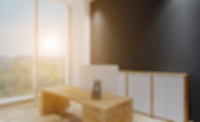 wood panels in the business center. office of the director of the company. Sunset. 3D rendering. Abstract blur phototography