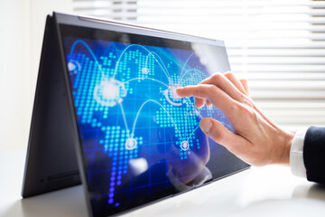 hand touching tablet screen global connection