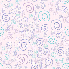 Abstract hand-drawn pattern. Multi-colored spirals on a pink background