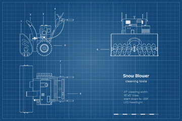 Outline blueprint of snow blower. Top, side and front view. Winter hand tool for ice removal. Contour plow machine