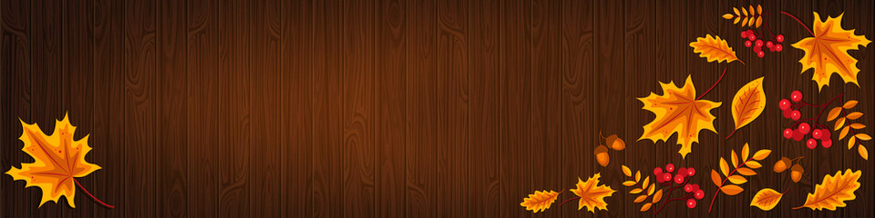 Fototapeta premium Autumn horizontal banner with copy space. Yellow autumn leaves and rowan berries on a brown wooden background. Stock vector illustration.