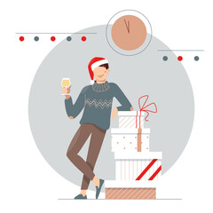 A cute cartoon guy in the sweater drinking and celebrating holiday. Happy man in Santa hat near boxes of gifts under a clock and garland. Vector illustration. Merry Christmas background.