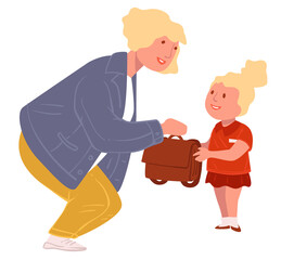 Teacher talking to kid, pupil taking schoolbag from mom