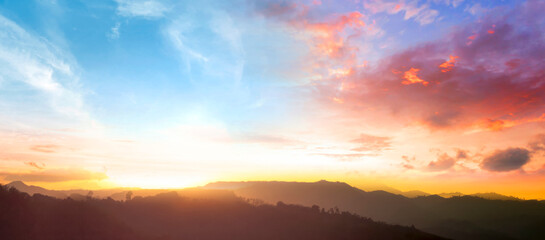 Amazing panorama mountain with Colorful sky and Dramatic Sunset