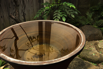 広島県・鞆の浦坪庭、水鉢に映る影