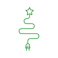 Árbol de navidad. Energía eléctrica. Logotipo lineal enchufe eléctrico con cable como árbol de navidad con estrella en color verde