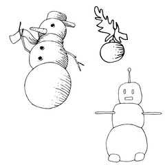Vector set of winter snowman waving hand-branch and snowman-robot, fir branch