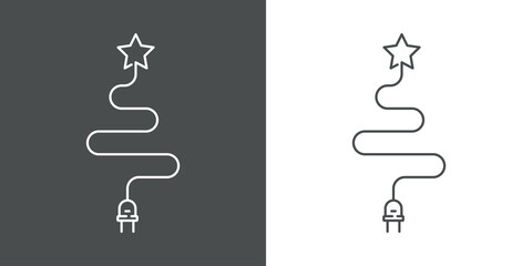 Árbol de navidad. Energía eléctrica. Logotipo lineal enchufe eléctrico con cable como árbol de navidad con estrella en fondo gris y fondo blanco