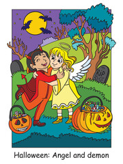 Colorful Halloween cute little angel and demon hug