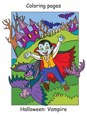 Colorful Halloween cute little vampire running with bats