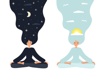 Day and night. Girl in yoga lotus practices meditation. Vector illustration in flat style. Young woman meditating