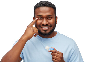 vision, eyesight, ophthalmology and people concept - smiling young african american man applying...