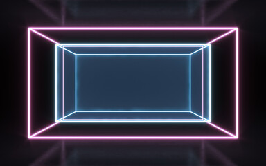 Neon frame sign in the shape of a rectangle. 3d illustration