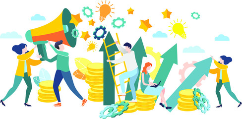 Vector graphics. Illustration in the style of flat design. Teamwork. Brainstorming. Images for business. Work schedule. Achieving goal. Problem solution.