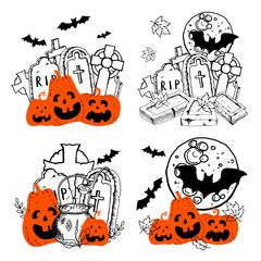 Halloween orange smiling creepy pumpkins witchs cauldron with potion headstones celtic cross bat. Hand drawn doodle compositions set. Stock vector illustration isolated on white background.