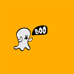 cartoon cute ghost isolated on orange background. Funny boo ghost icon