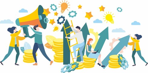 Raster graphics. Illustrations in the style of flat design. Teamwork. Brainstorming. Images for business. Work schedule. Achieving goal. Problem solution.