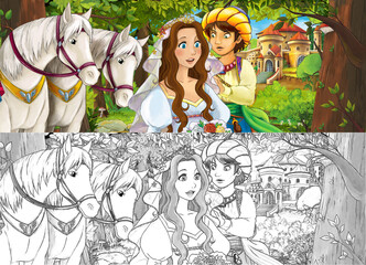 Plakat cartoon scene princess in the forest orchard illustration