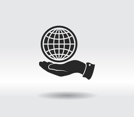 Globe icon with hand, vector illustration. Flat design
