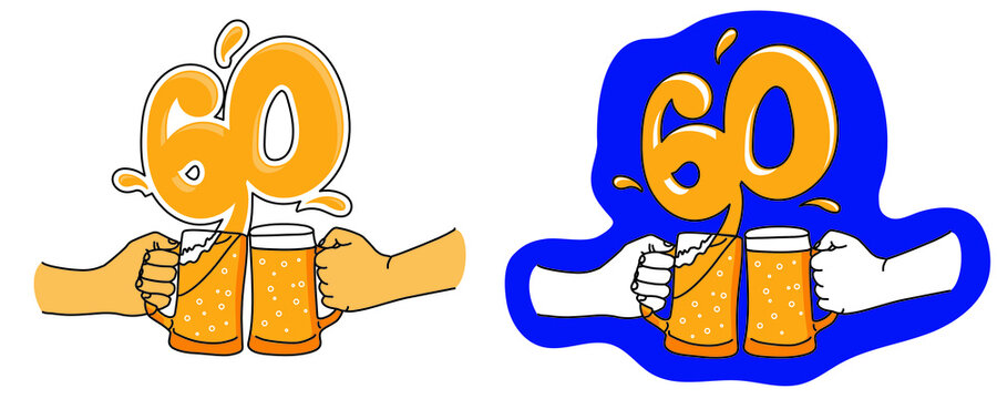 Beer glasses mug hand drawn vector. The inscription is sixty. Cartoon style. Isolated over white background. For banner, poster, greeting cards, internet, party invitations, birthday, anniversary. - Powered by Adobe