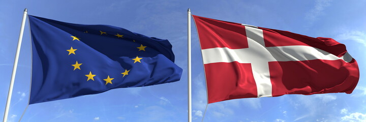Flying flags of the European Union and Denmark on high flagpoles. 3d rendering