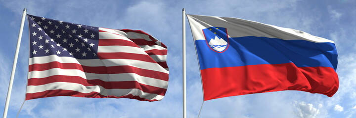 Flying flags of the USA and Slovenia on sky background, 3d rendering