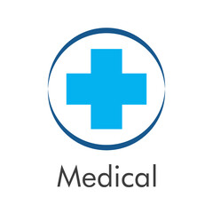Obraz premium Concepto asistencia sanitaria. Logotipo con texto Medical con cruz en círculo lineal en color azul