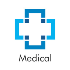 Obraz premium Concepto asistencia sanitaria. Logotipo lineal con texto Medical con cruz con contorno lineal en color azul