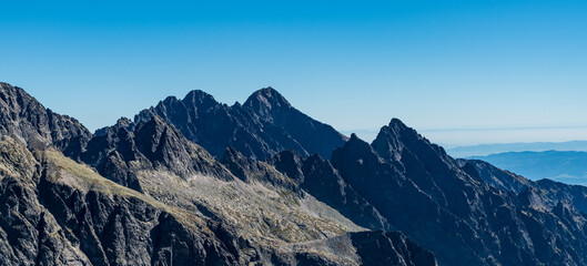 Lomnicky stit, Pysny stit, Javorovy stit and Prostredny hrot from Vychodna Vysoka mountain peak in Vysoke Tatry mountains in Slovakia