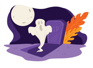 Obraz premium Ghost raising from grave in full moon, halloween mysteries
