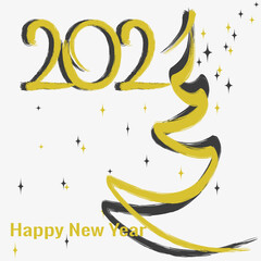 2021 gold brush painted on gradient yellow background. Golden brush contour of New Year tree and snowflake. Vector illustration for greeting card design for Christmas and New Year.