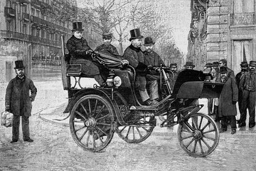 Steam powered car of French industrialist Leon Serpollet. Antique illustration. 1891. - obrazy, fototapety, plakaty